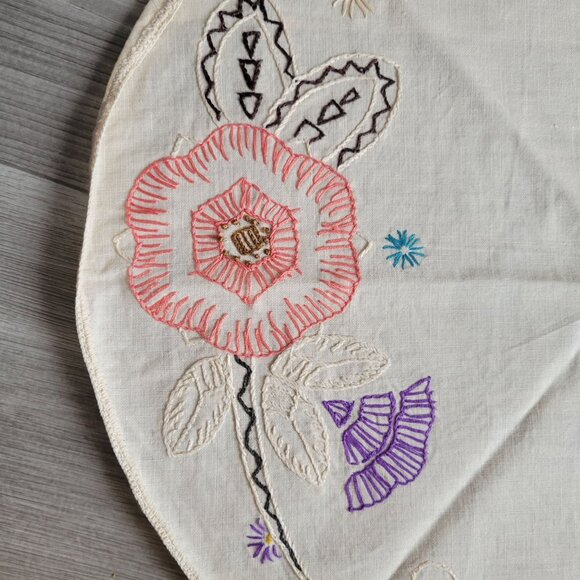 Vintage Hand-Embroidered Round Floral Tablecloth 18" - Picture 4 of 6